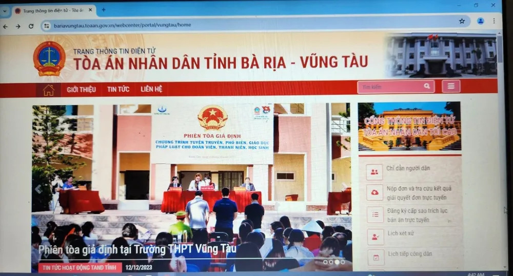 Cổng thông tin Tòa án nhân dân tỉnh Bà Rịa - Vũng Tàu nơi xem lịch xét xử công khai.