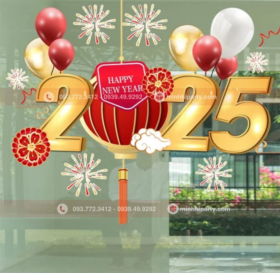 Decal trang trí Noel 2026 cho sảnh chung cư trên vách kính lớn