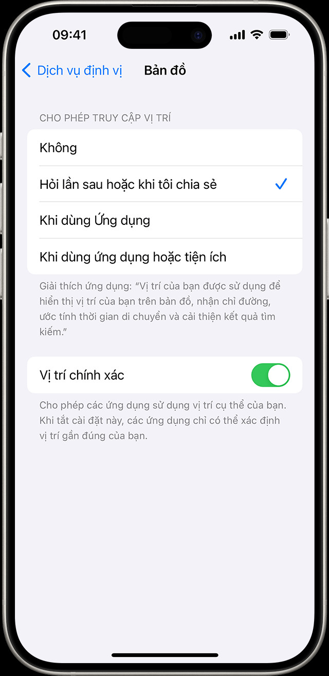 Giao diện cài đặt cho phép tắt/bật vị trí chính xác trên iPhone, điều chỉnh quyền riêng tư định vị.