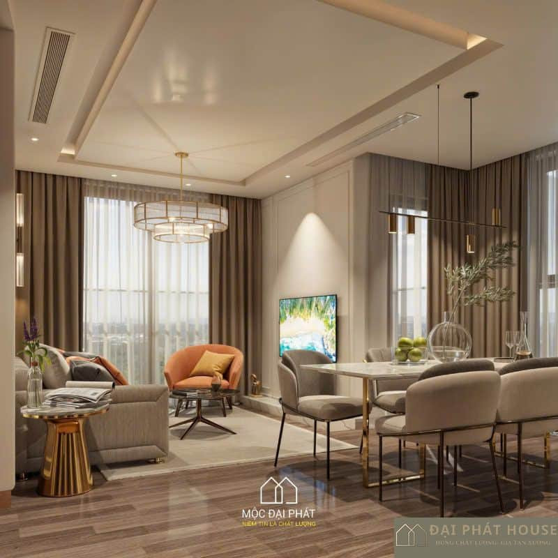 Góc phòng khách căn hộ chung cư hiện đại với sofa xám và bàn trà gỗ, tối ưu diện tích và công năng sử dụng