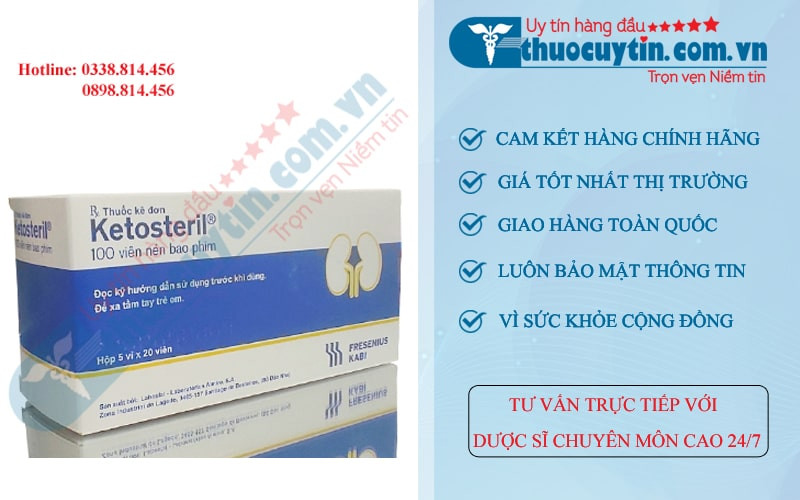 Hộp thuốc Ketosteril 67mg màu xanh trắng, điều trị suy thận mạn tính.