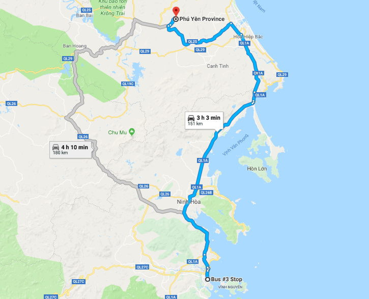 Khoảng cách địa lý giữa Nha Trang và Phú Yên trên bản đồ