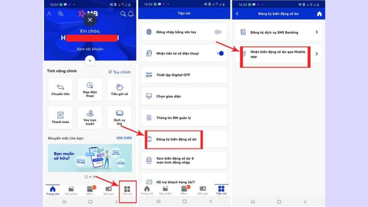 Màn hình ứng dụng MB Bank hiển thị mục "Tiện ích", nơi người dùng có thể tìm thấy các tiện ích MB Bank và đăng ký thông báo biến động số dư qua Mobile App.