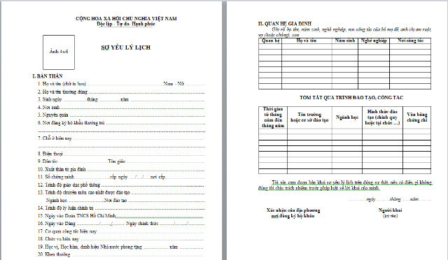 Mẫu sơ yếu lý lịch tự thuật chuẩn cần kê khai chi tiết quá trình từ năm 1955 đến nay