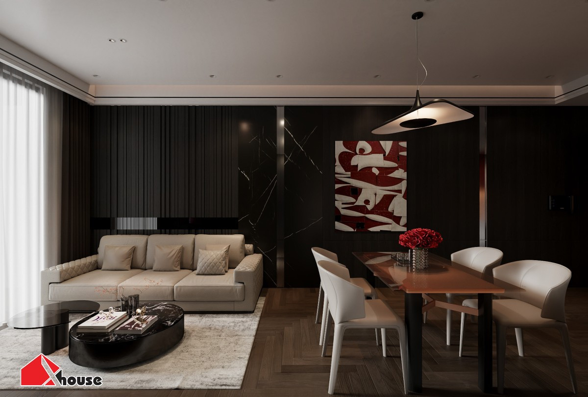 Mẫu thiết kế phòng khách chung cư hiện đại với sofa màu be và bàn trà tròn