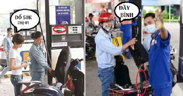 Nhân viên đổ xăng đang thao tác tại trạm, minh họa việc bơm nhiên liệu vào xe máy