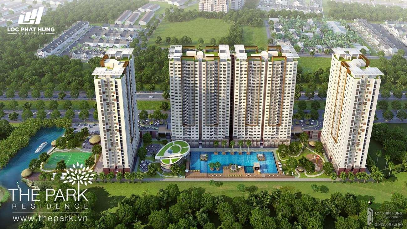 Phối cảnh tổng thể của chung cư The Park Residence Nhà Bè trên đường Nguyễn Hữu Thọ, một khu căn hộ hiện đại tại Nam Sài Gòn.