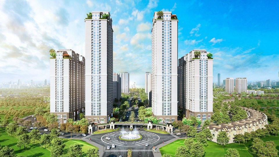 Phối cảnh tổng thể dự án chung cư An Lạc Green Symphony với không gian xanh mát và kiến trúc hiện đại