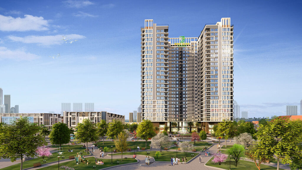 Phối cảnh tổng thể dự án chung cư Bình Minh Garden Long Biên với kiến trúc hiện đại và không gian xanh