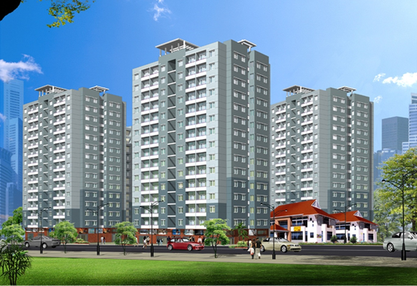 Phối cảnh tổng thể dự án chung cư Hiệp Thành Building với các block căn hộ và tiện ích