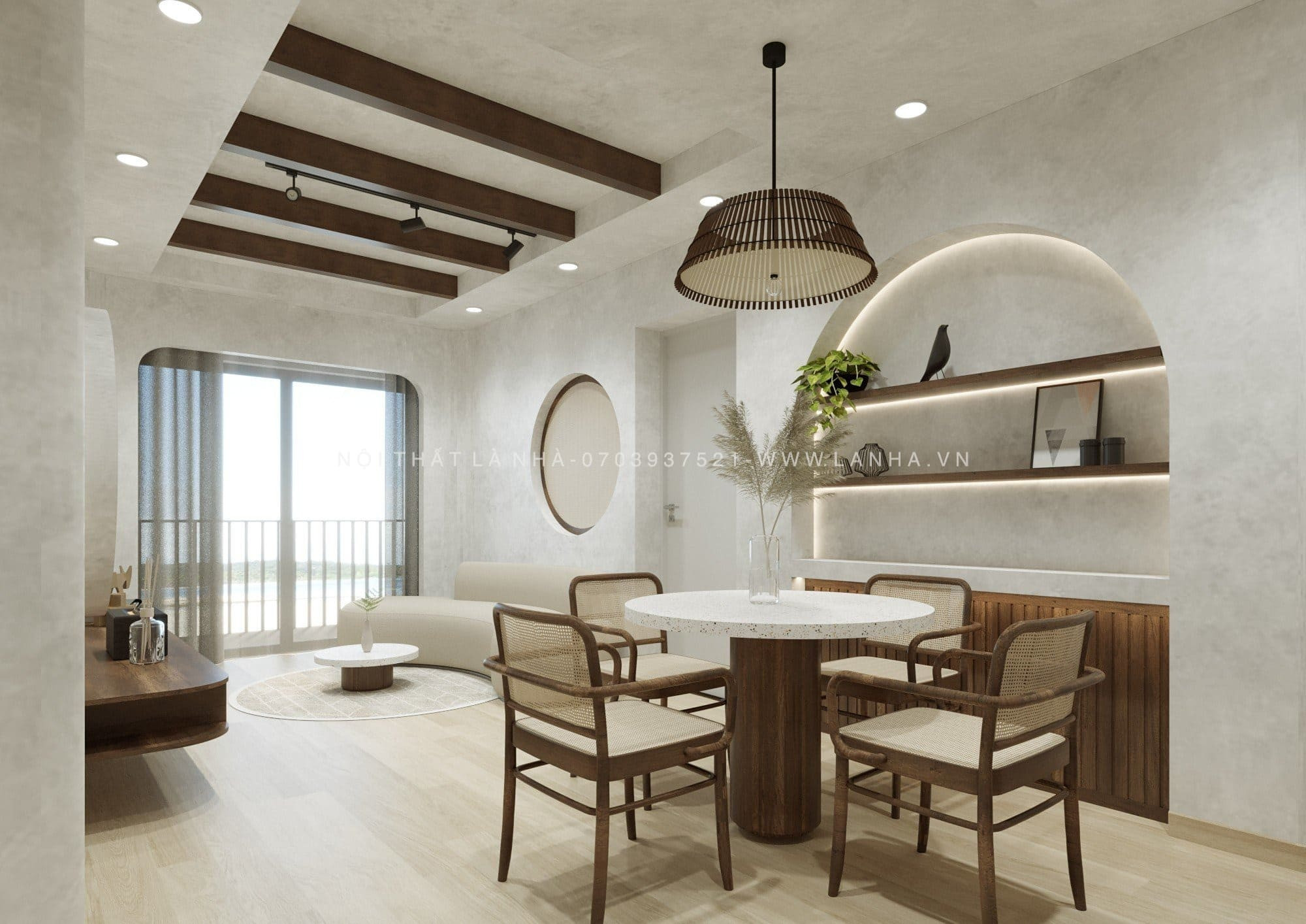 Phòng khách chung cư hiện đại mang đậm phong cách Wabi Sabi, tạo cảm giác thư thái