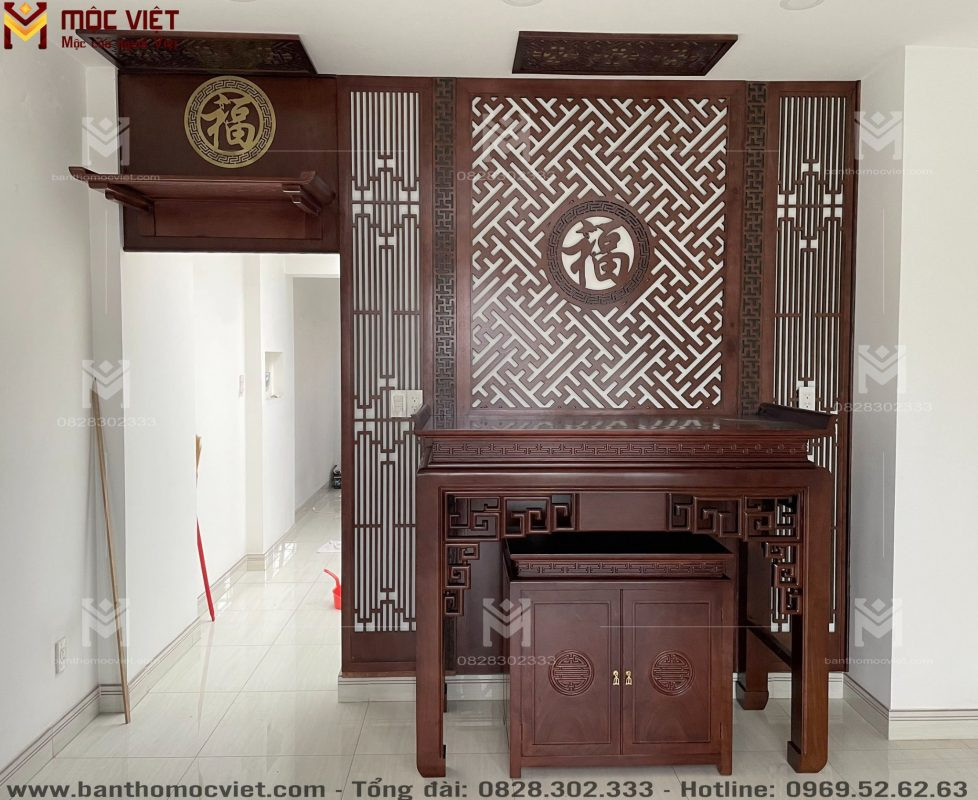 Thiết kế bàn thờ cửu huyền gia tiên và bàn thờ Phật treo tường hài hòa