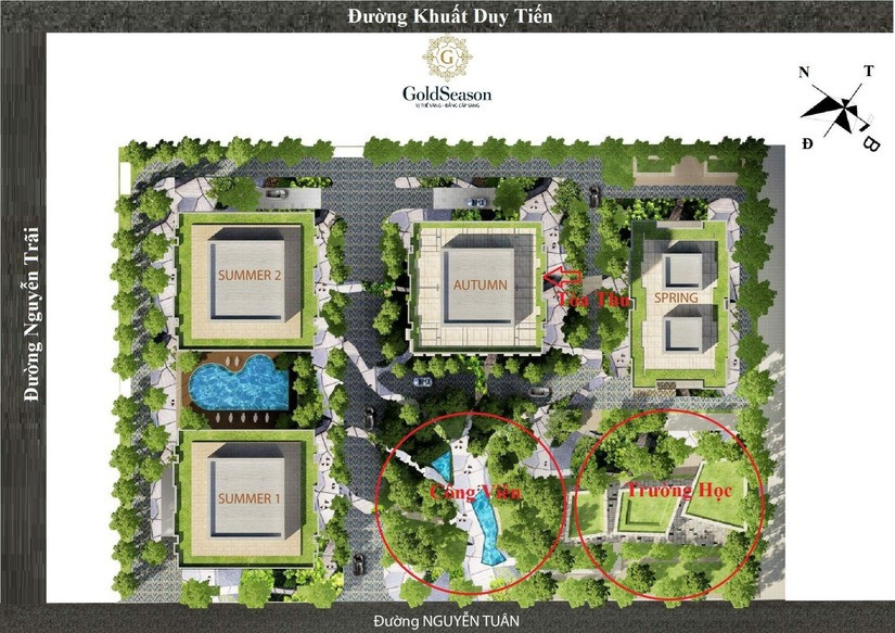 Toàn cảnh dự án chung cư GoldSeason 47 Nguyễn Tuân với kiến trúc sang trọng và cảnh quan xanh mát tại Hà Nội.