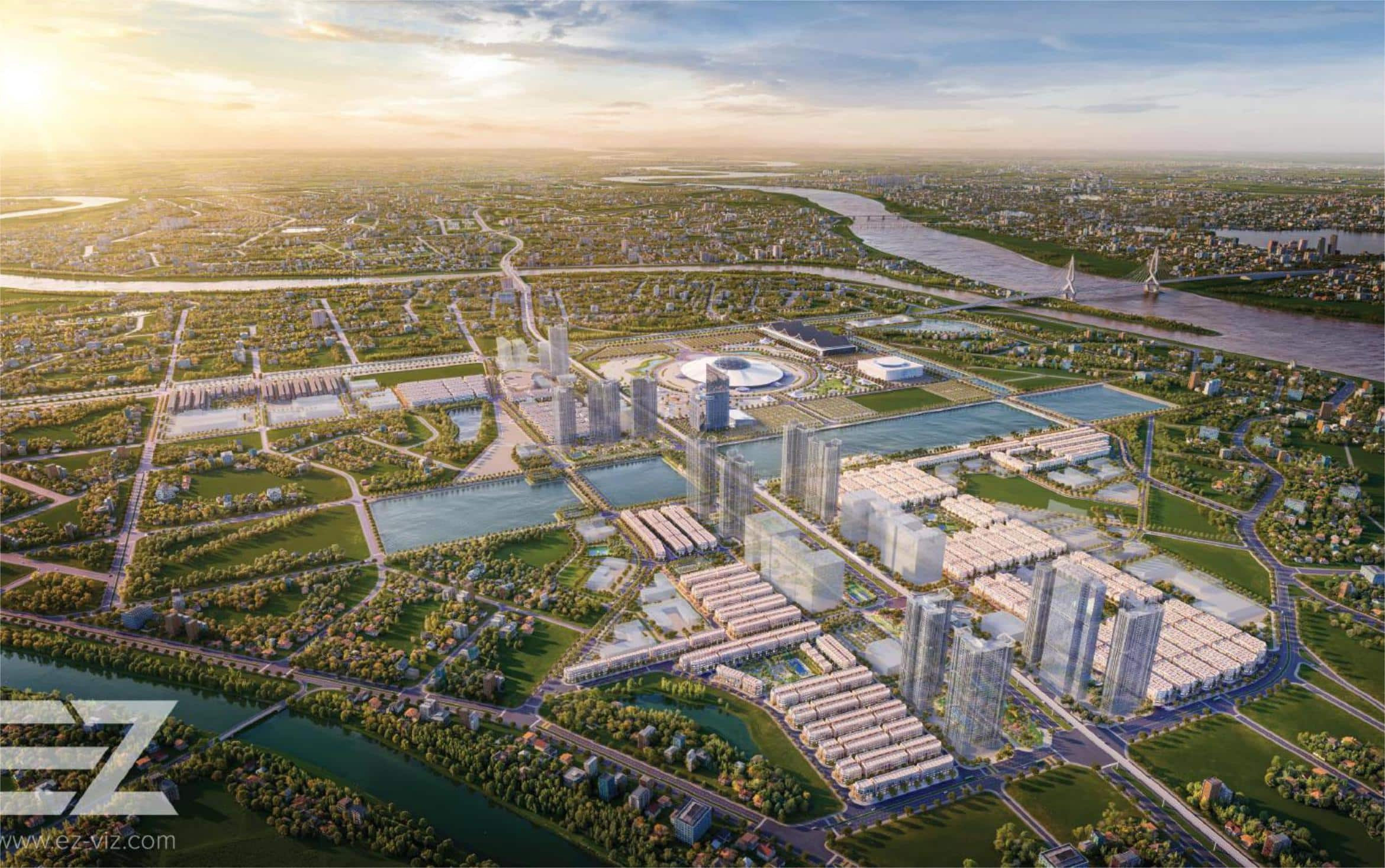 Tổng quan mặt bằng Vinhomes Global Gate nhìn từ trên cao, thể hiện quy hoạch tổng thể và các khu vực chức năng