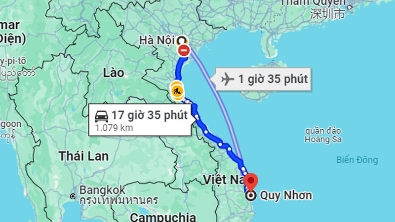 Tuyến đường bộ từ Hà Nội đến Quy Nhơn dài khoảng 1.076 km trên Quốc lộ 1A