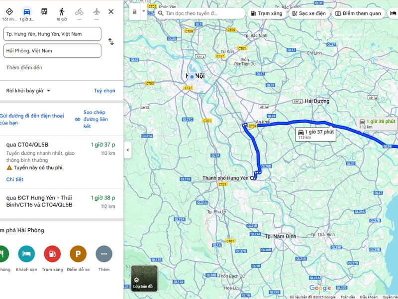 Bản đồ chỉ dẫn đường cao tốc từ Hưng Yên đến Hải Phòng, minh họa quãng đường di chuyển và thời gian ước tính