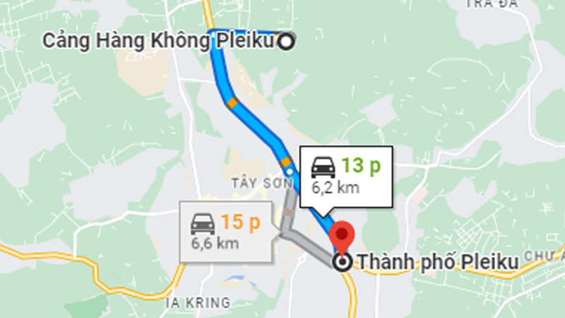 Bản đồ chỉ dẫn đường đi từ sân bay Pleiku về trung tâm thành phố Gia Lai