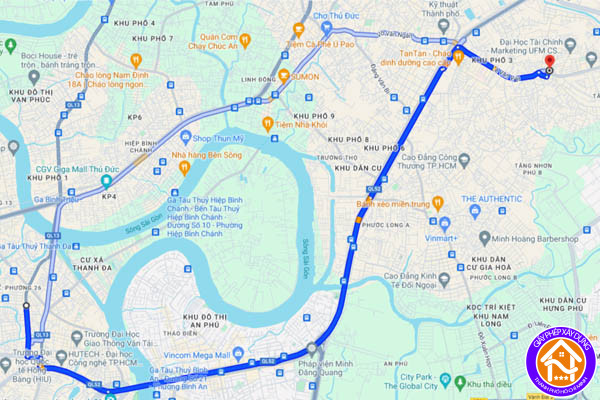 Bản đồ chỉ dẫn đường đi và khoảng cách từ Quận Bình Thạnh đến Quận 9