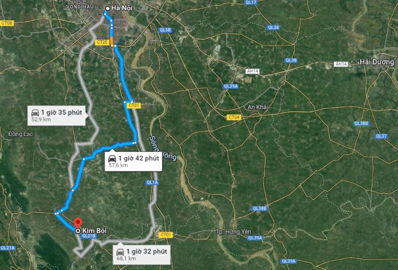 Bản đồ chỉ dẫn khoảng cách Kim Bôi Hòa Bình Hà Nội qua các tuyến đường