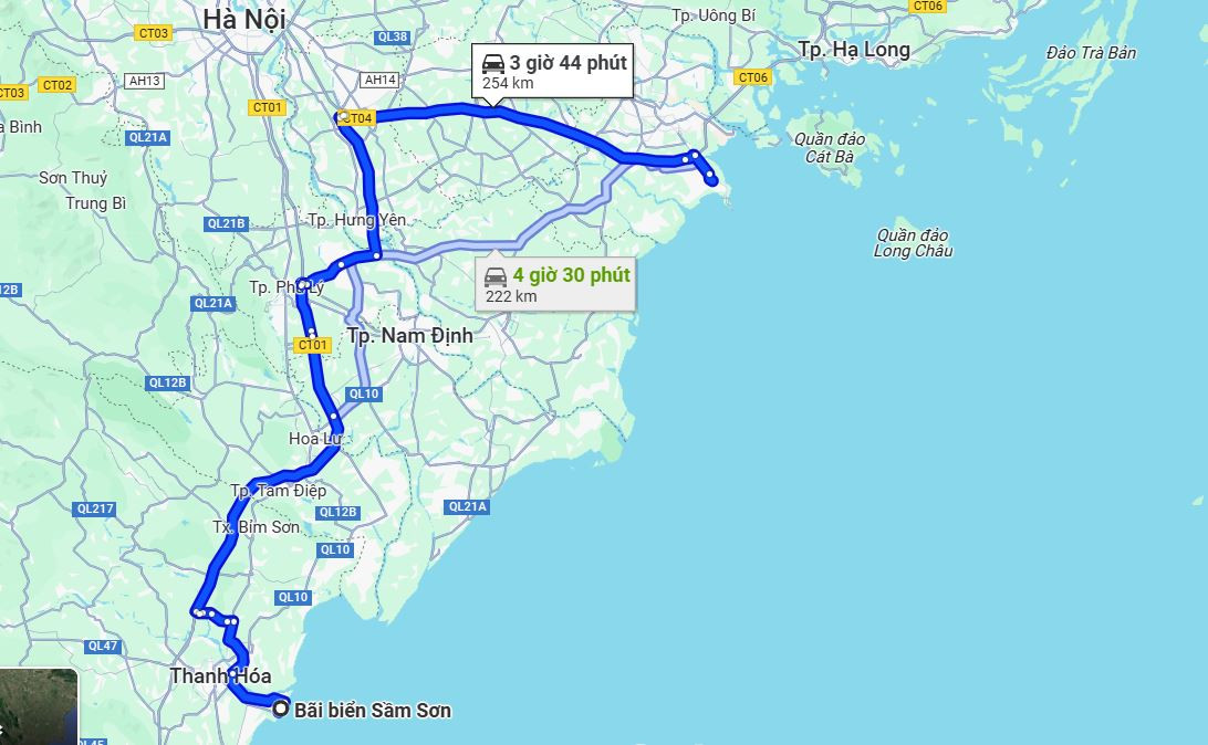 Bản đồ chỉ dẫn khoảng cách từ Thanh Hóa đến Hải Phòng