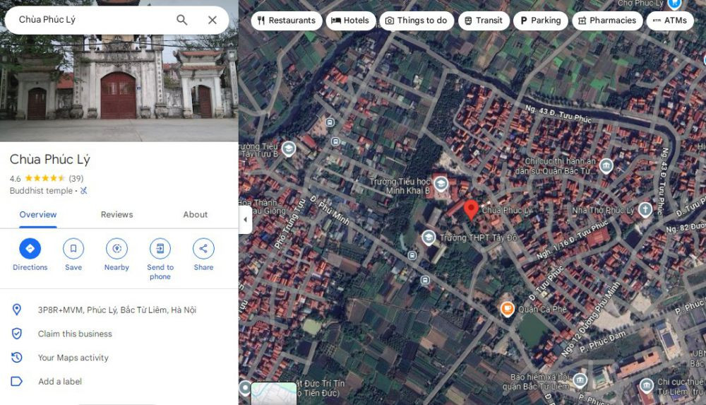 Bản đồ chỉ dẫn vị trí chùa Phúc Lý, giúp xác định phúc lý hà nội ở đâu