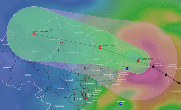 Bản đồ dự báo vị trí và hướng di chuyển của tâm bão