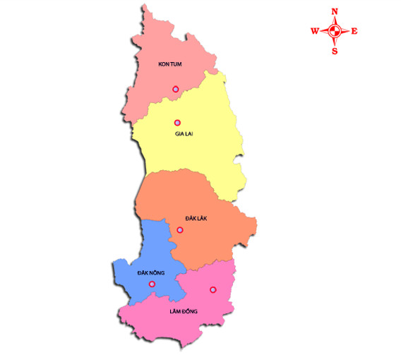 Bản đồ hành chính chi tiết 5 tỉnh Tây Nguyên là ở đâu trên lãnh thổ Việt Nam, minh họa rõ nét vị trí địa lý chiến lược.