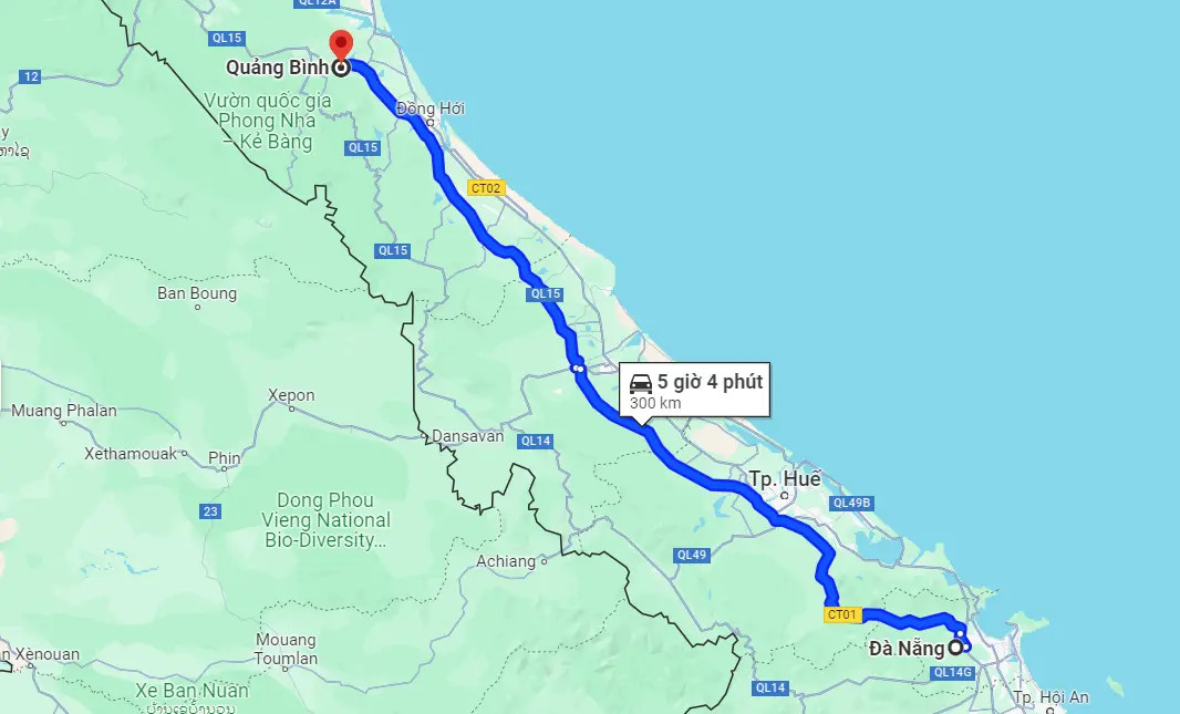 Bản đồ hành trình từ Đà Nẵng đến Quảng Bình