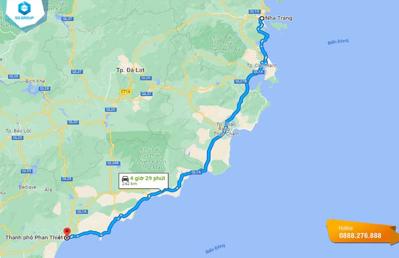 Bản đồ hiển thị khoảng cách di chuyển từ Nha Trang đến Phan Thiết