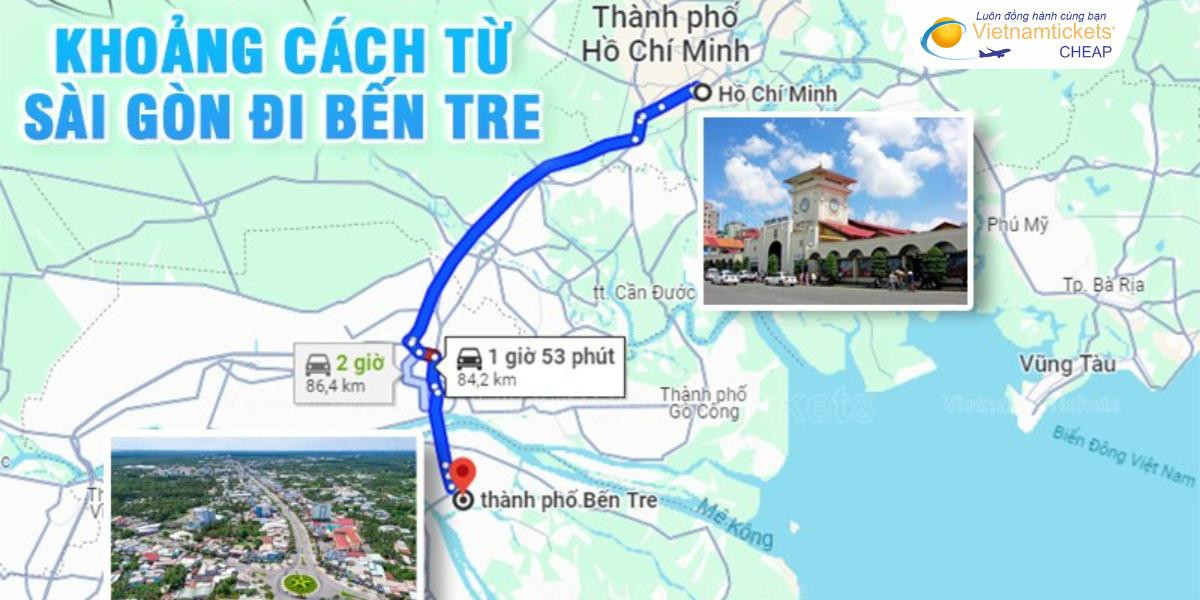 Bản đồ hiển thị khoảng cách di chuyển từ Sài Gòn đến Bến Tre qua các tuyến đường chính