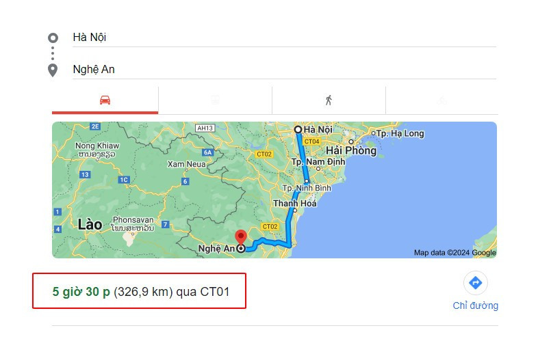 Bản đồ hiển thị quãng đường từ Hà Nội đến Nghệ An, cung cấp cái nhìn trực quan về khoảng cách di chuyển giữa hai địa điểm.
