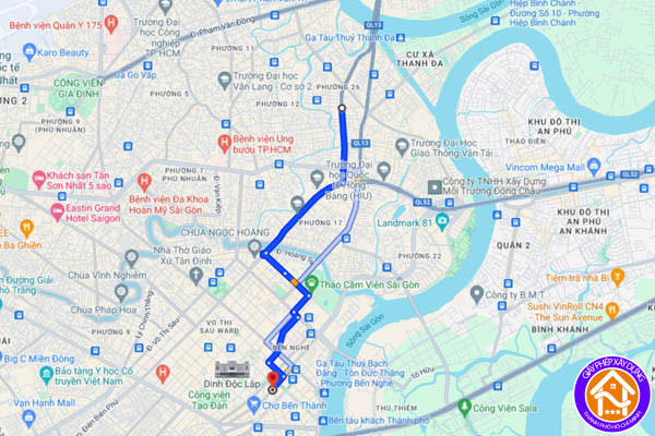 Bản đồ hiển thị tuyến đường và khoảng cách từ Quận Bình Thạnh đến Quận 5