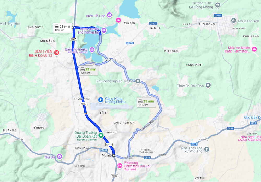 Bản đồ hướng dẫn đường đi đến Biển Hồ Pleiku từ trung tâm thành phố Gia Lai