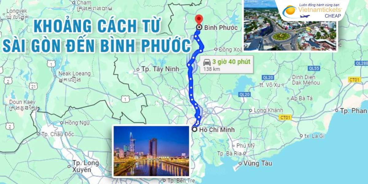 Bản đồ khoảng cách di chuyển từ TPHCM đến Bình Phước, minh họa từ đây đến Bình Phước bao nhiêu km qua đường bộ