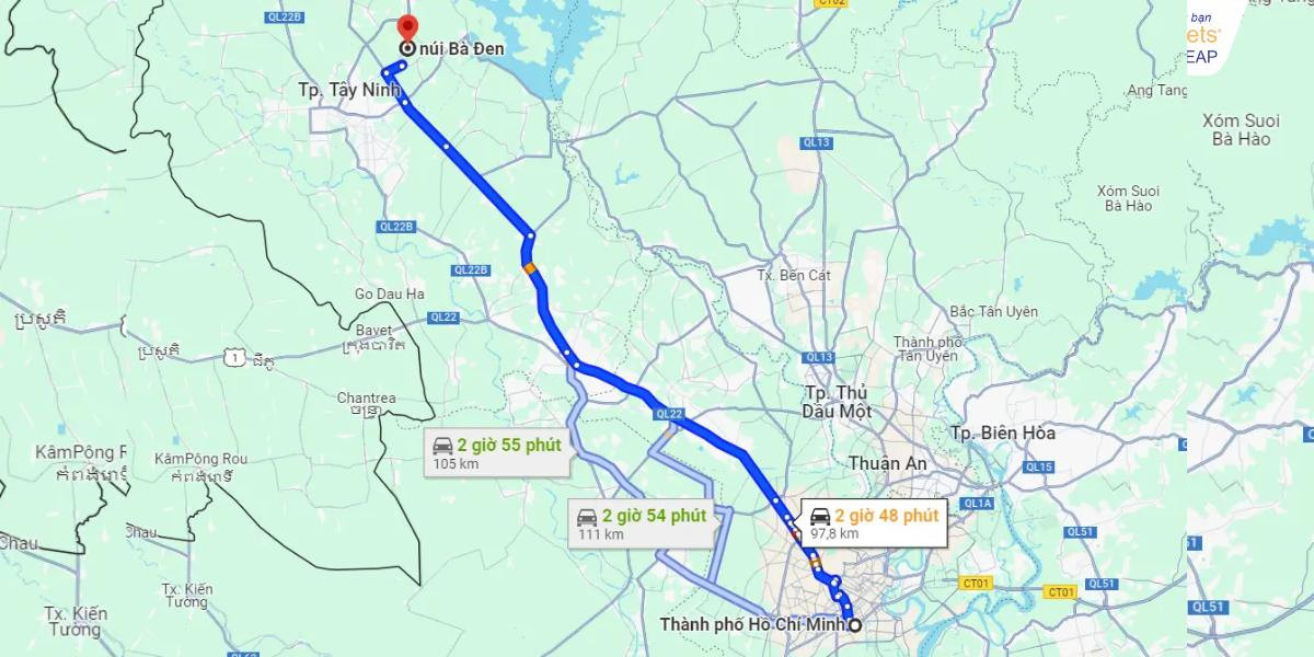 Bản đồ khoảng cách từ Sài Gòn đến Núi Bà Đen, Tây Ninh