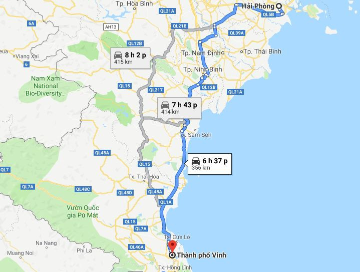 Bản đồ lộ trình 1 từ Hải Phòng đến Nghệ An