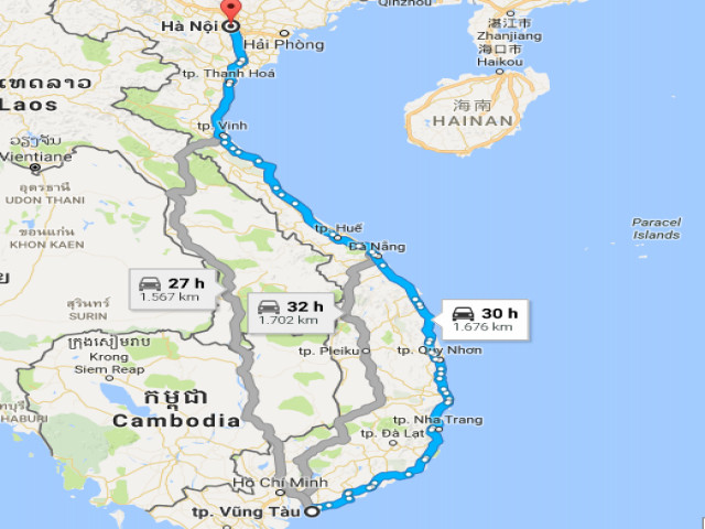 Bản đồ quãng đường di chuyển bằng đường bộ từ Hà Nội đến Vũng Tàu với các điểm dừng chân nổi bật