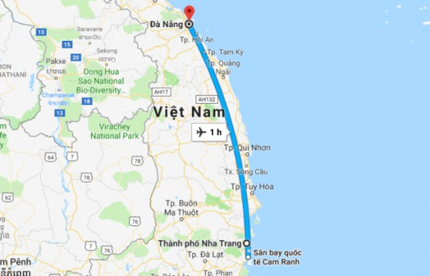Bản đồ quãng đường di chuyển từ Nha Trang đến Đà Nẵng