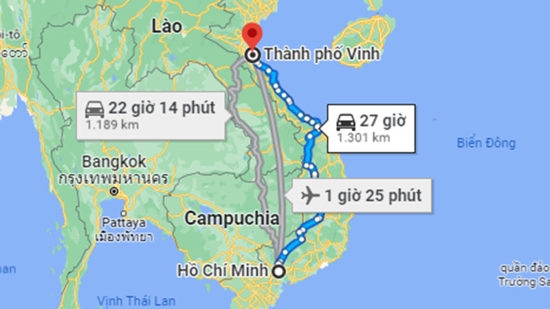 Bản đồ quãng đường từ Sài Gòn đến Vinh theo đường bộ