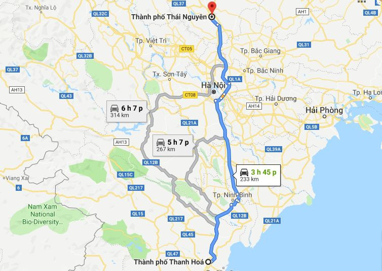 Bản đồ tuyến đường nhanh nhất từ Thanh Hóa đến Thái Nguyên qua ĐCT01