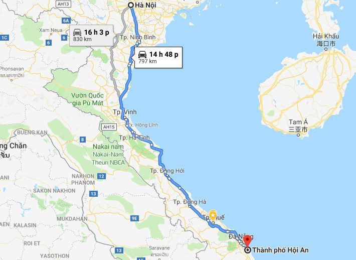 Bản đồ tuyến đường quốc lộ 1A từ Hà Nội đến Quảng Nam