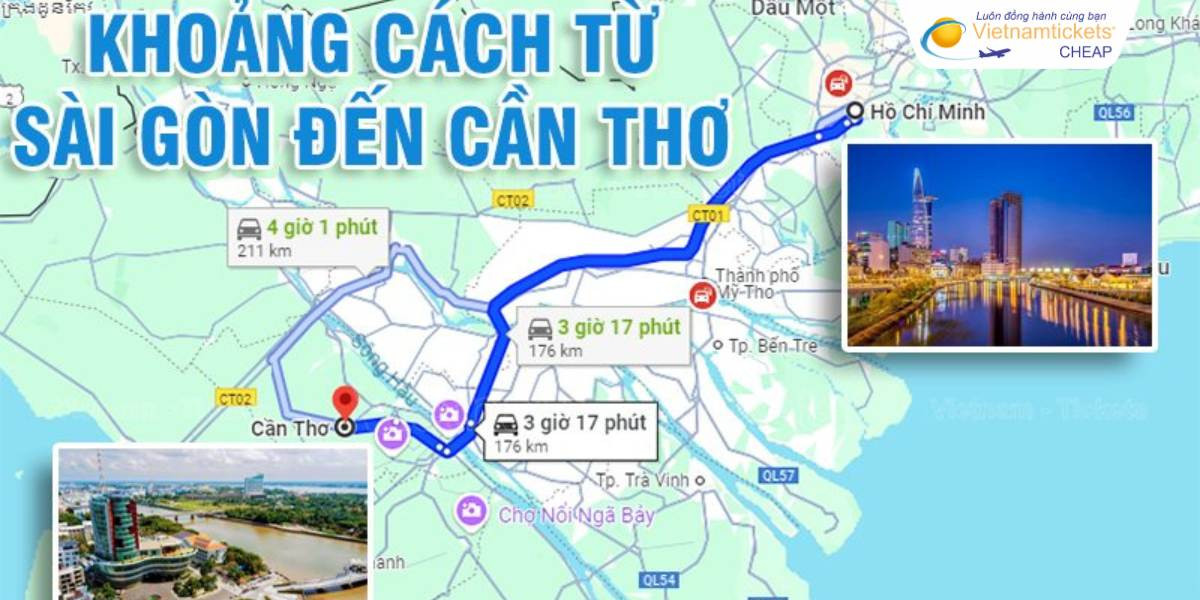Bản đồ ước tính khoảng cách từ TPHCM đi Cần Thơ trên đường bộ