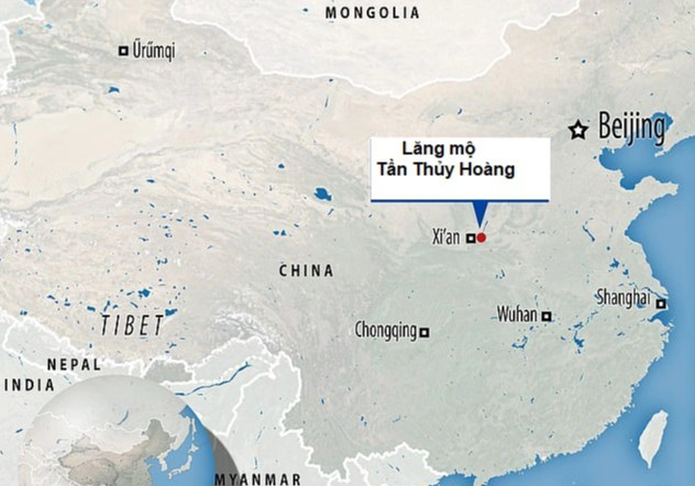 Bản đồ vị trí lăng mộ Tần Thủy Hoàng ở đâu tại thành phố Tây An, Trung Quốc.