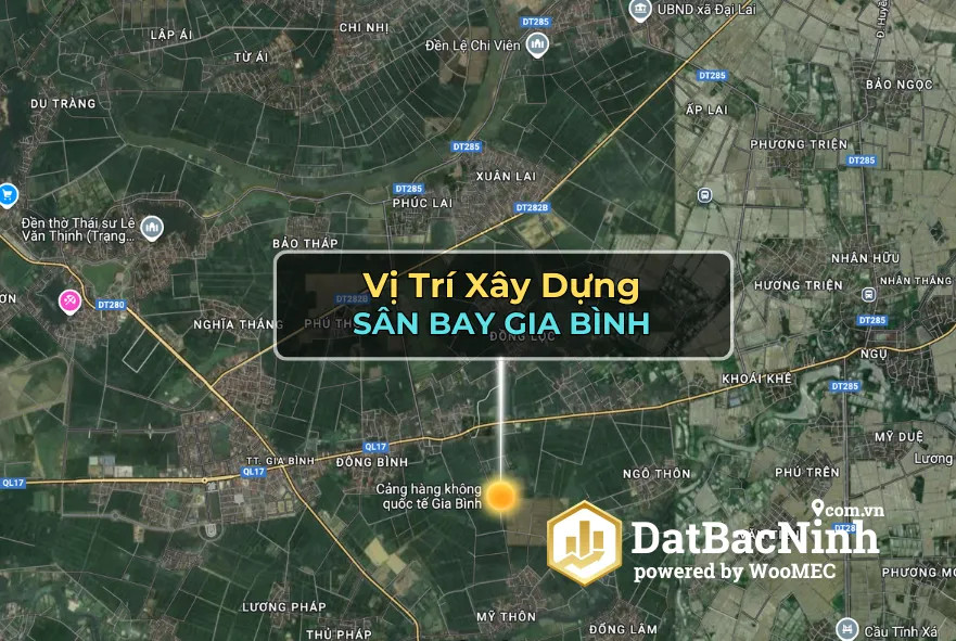 Bản đồ vị trí sân bay Gia Bình, thể hiện khoảng cách từ Bắc Ninh đến Bắc Giang