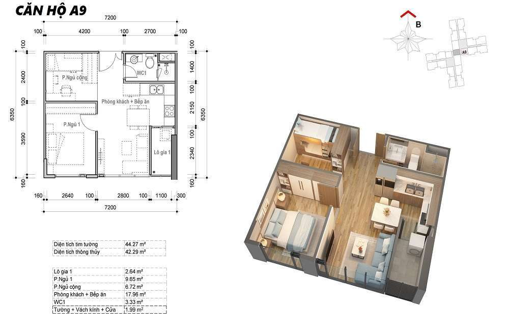 Bản vẽ mặt bằng chung cư 1 phòng ngủ với thiết kế không gian mở, phòng khách liền bếp hiện đại