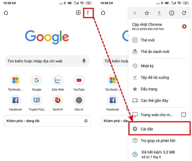 Cài đặt trong Google Chrome trên điện thoại Android