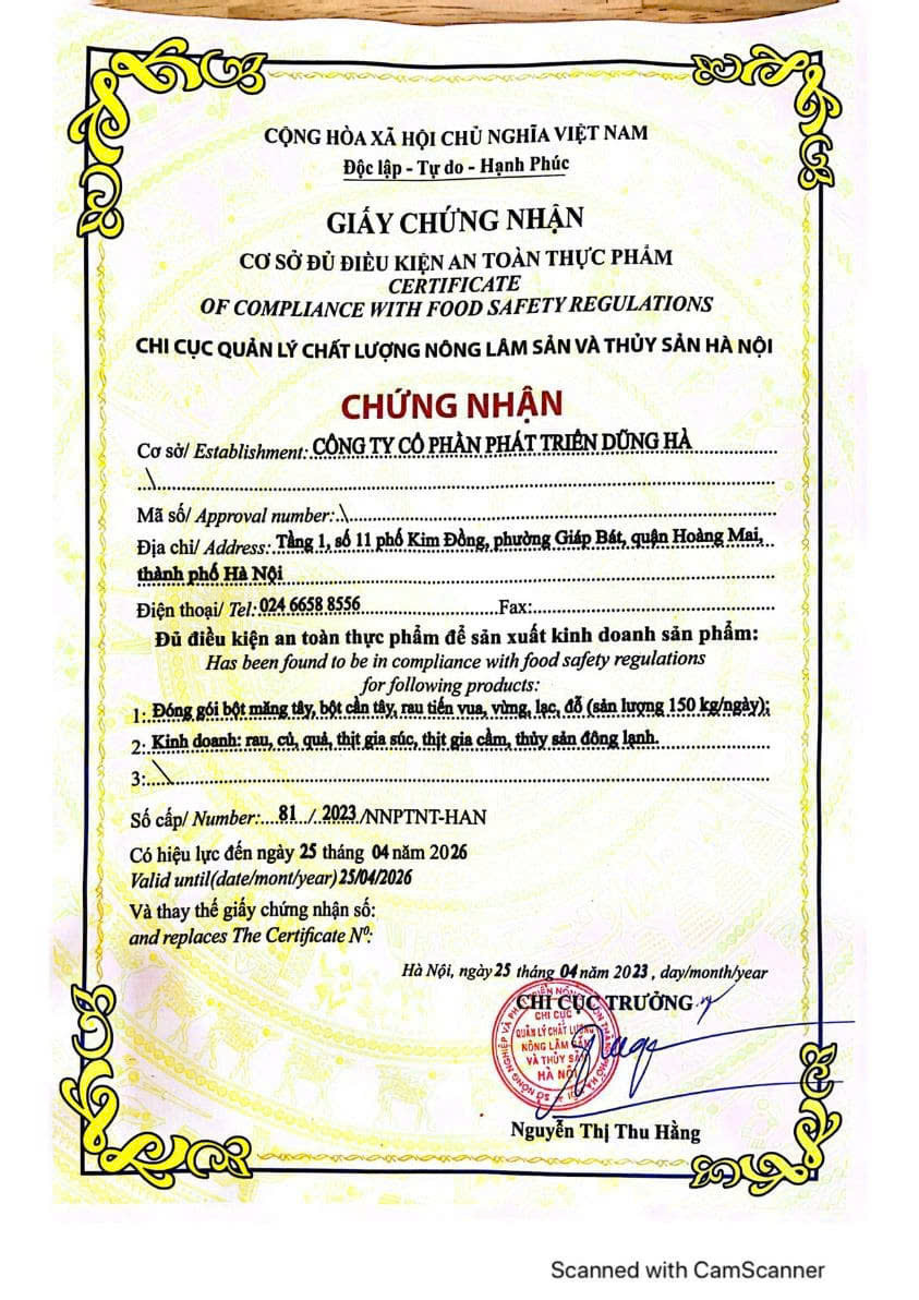 Chứng nhận chất lượng và an toàn thực phẩm cho sản phẩm củ mài tươi