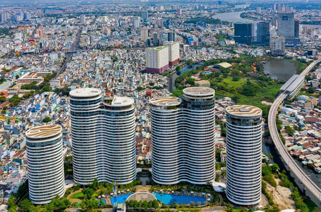 Dự án căn hộ City Garden tại quận Bình Thạnh nhìn từ trên cao, thể hiện quy mô và thiết kế độc đáo của chung cư Ngô Tất Tố