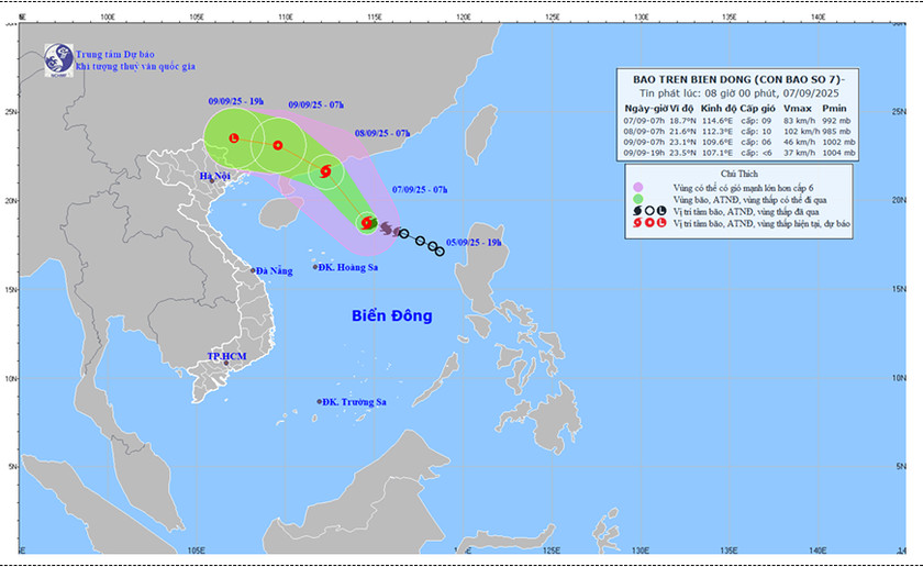 Dự báo hướng di chuyển và cường độ bão số 7 lúc 8 giờ ngày 07/9/2025