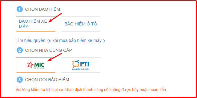 Giao diện chọn mục bảo hiểm xe máy trực tuyến trên website Thế Giới Di Động